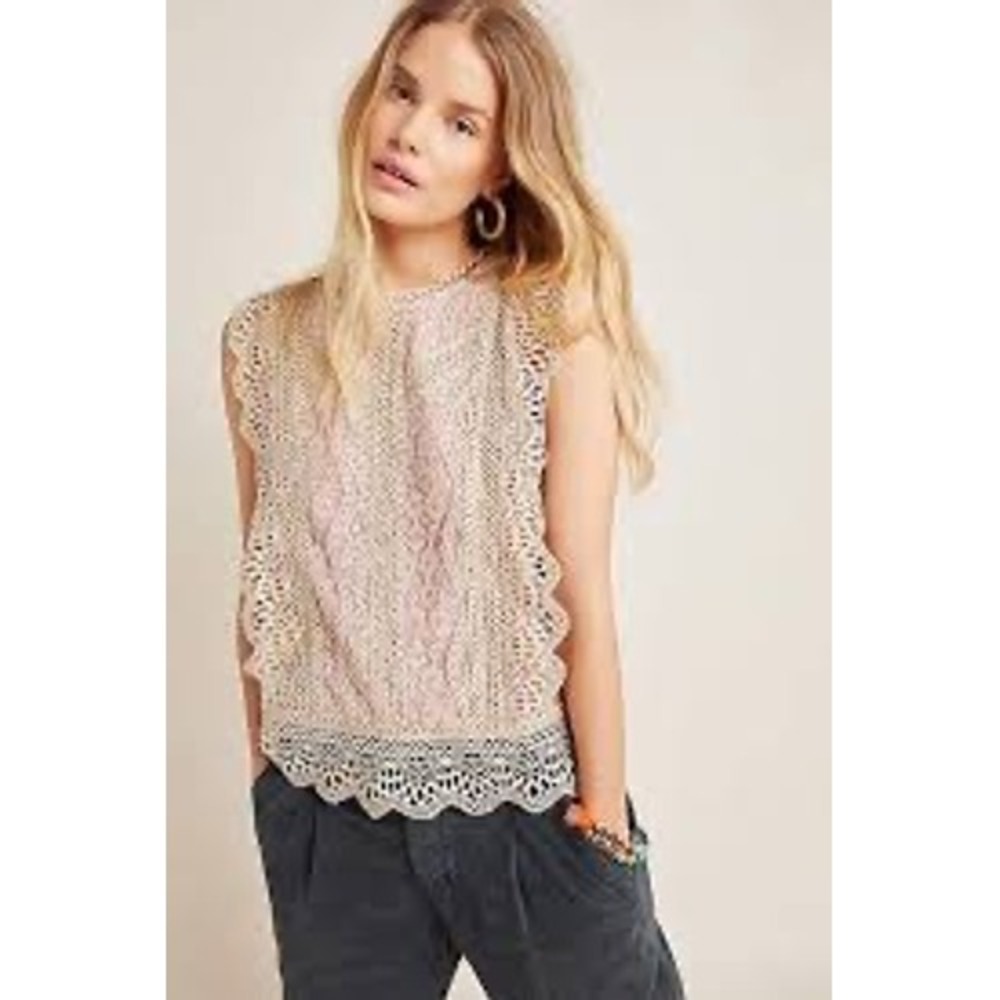 eri + ali Nude Lace Overlay‎ Pink Sleeveless Top Womens LARGE Scalloped Hem